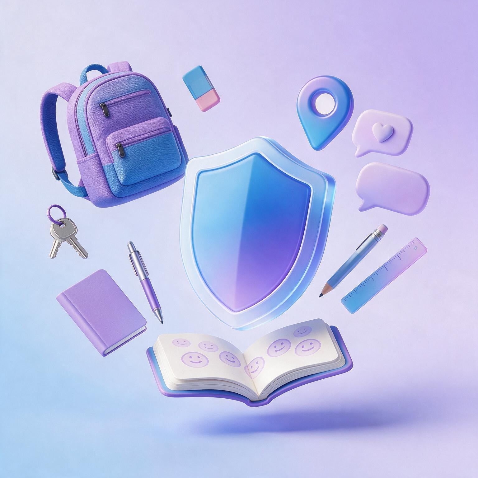 Illustration 3D d'un bouclier de sécurité entouré d'un sac à dos, d'icônes de localisation et de fournitures scolaires.