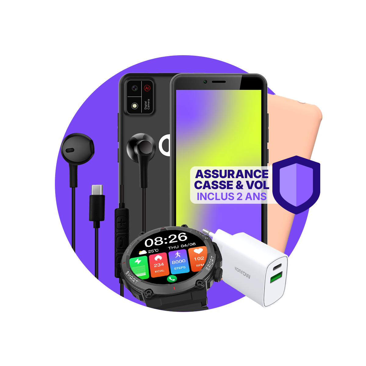 paquete ULTIMA Kids (Smartphone para adolescentes - auriculares - reloj conectado - cargador - estuche - seguro incluido)