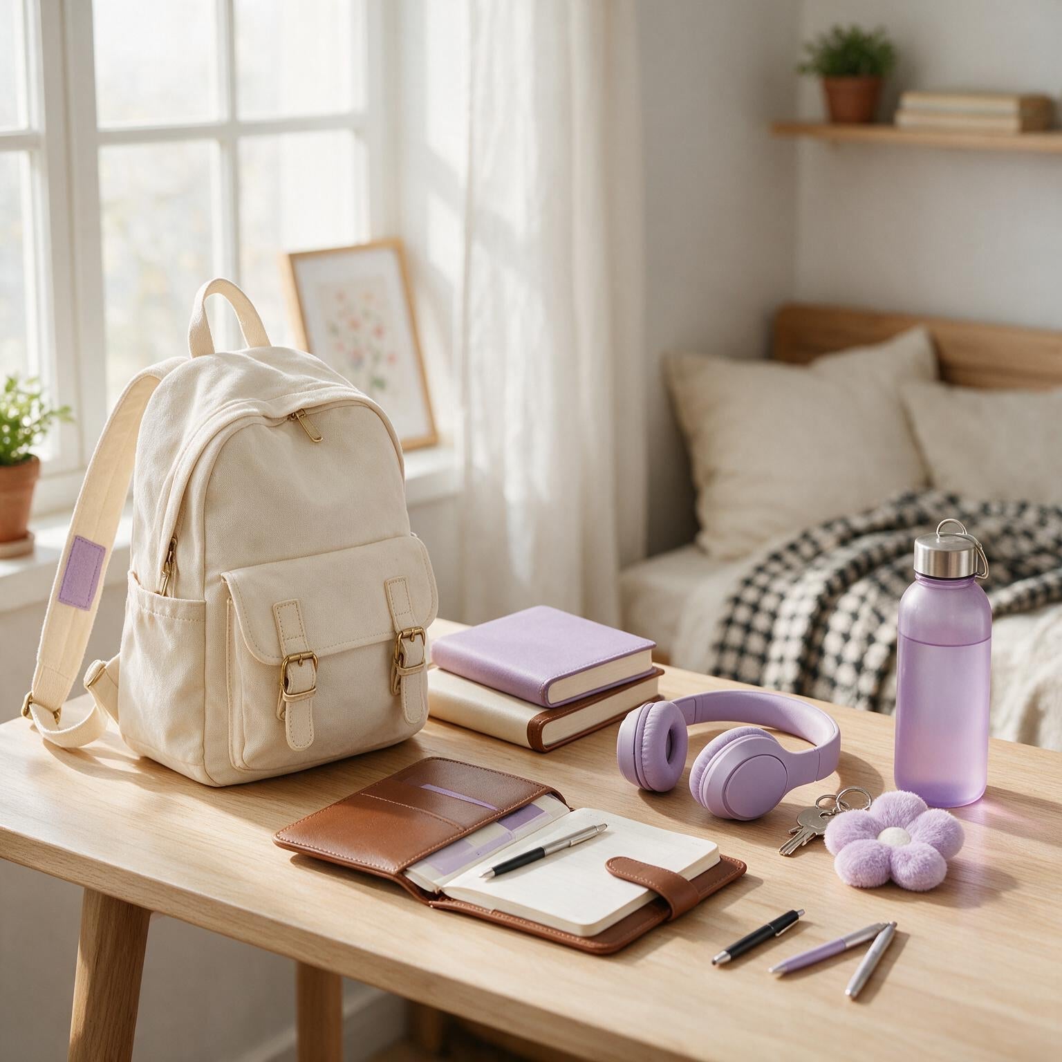 Kit d'accessoires pour enfant préparé sur un bureau, comprenant un sac à dos, des écouteurs violets, une gourde et un petit carnet d'organisation.