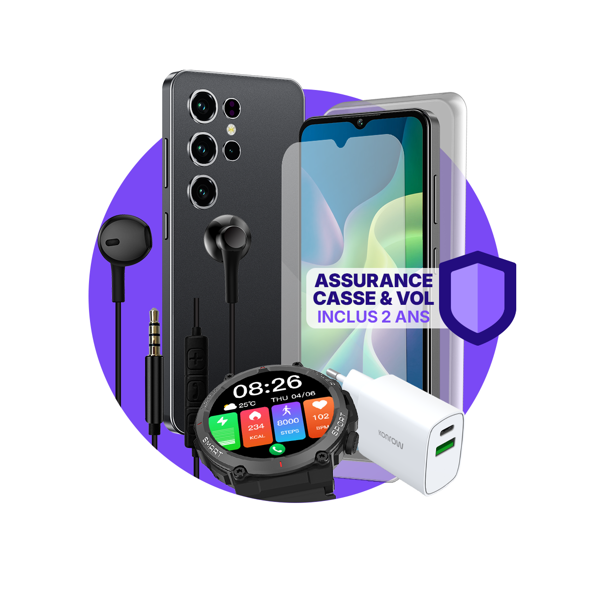 paquete ULTIMA Safe Plus (Smartphone para adolescentes - auriculares - reloj conectado - cargador - cristal templado - seguro incluido)