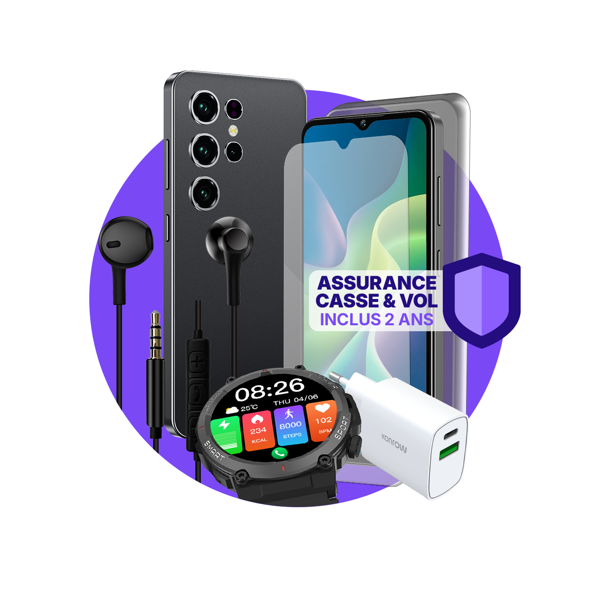 Pack ULTIMA Safe Plus (Smartphone for teens - headphones - connected watch - charger - tempered glass - insurance included)