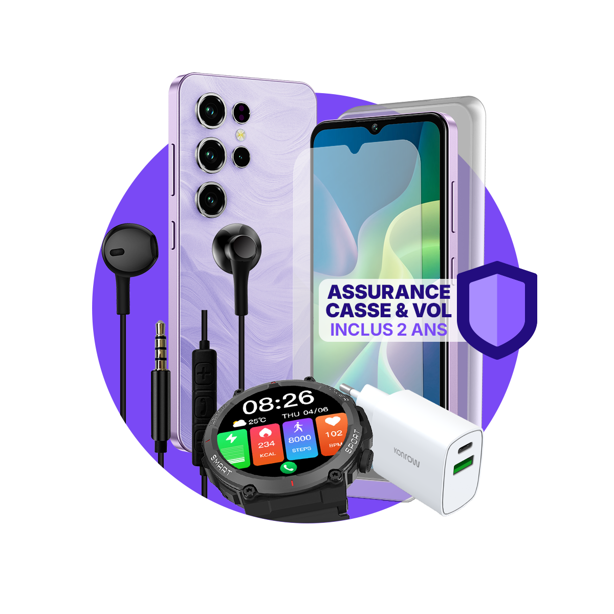 paquete ULTIMA Safe Plus (Smartphone para adolescentes - auriculares - reloj conectado - cargador - cristal templado - seguro incluido)